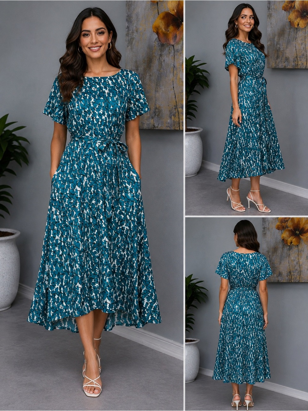 Alex Marie Teal Floral High-Low Midi Dress